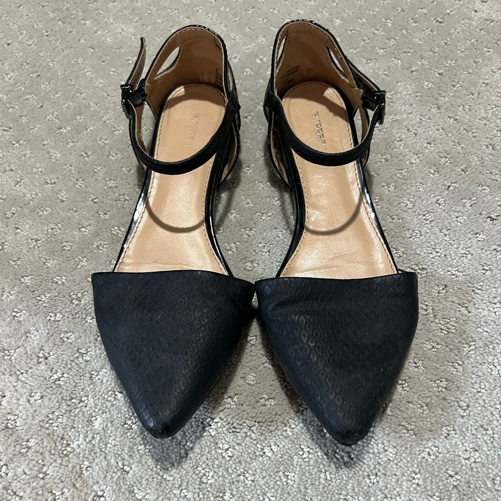 Black Express d’orsay flats with ankle strap, size 6